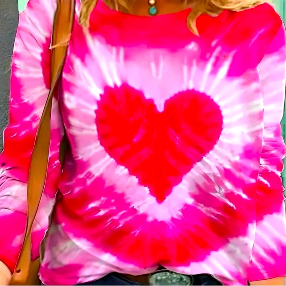 Pink Tie-Dye Heart Women's Long Sleeve Top, Size Medium